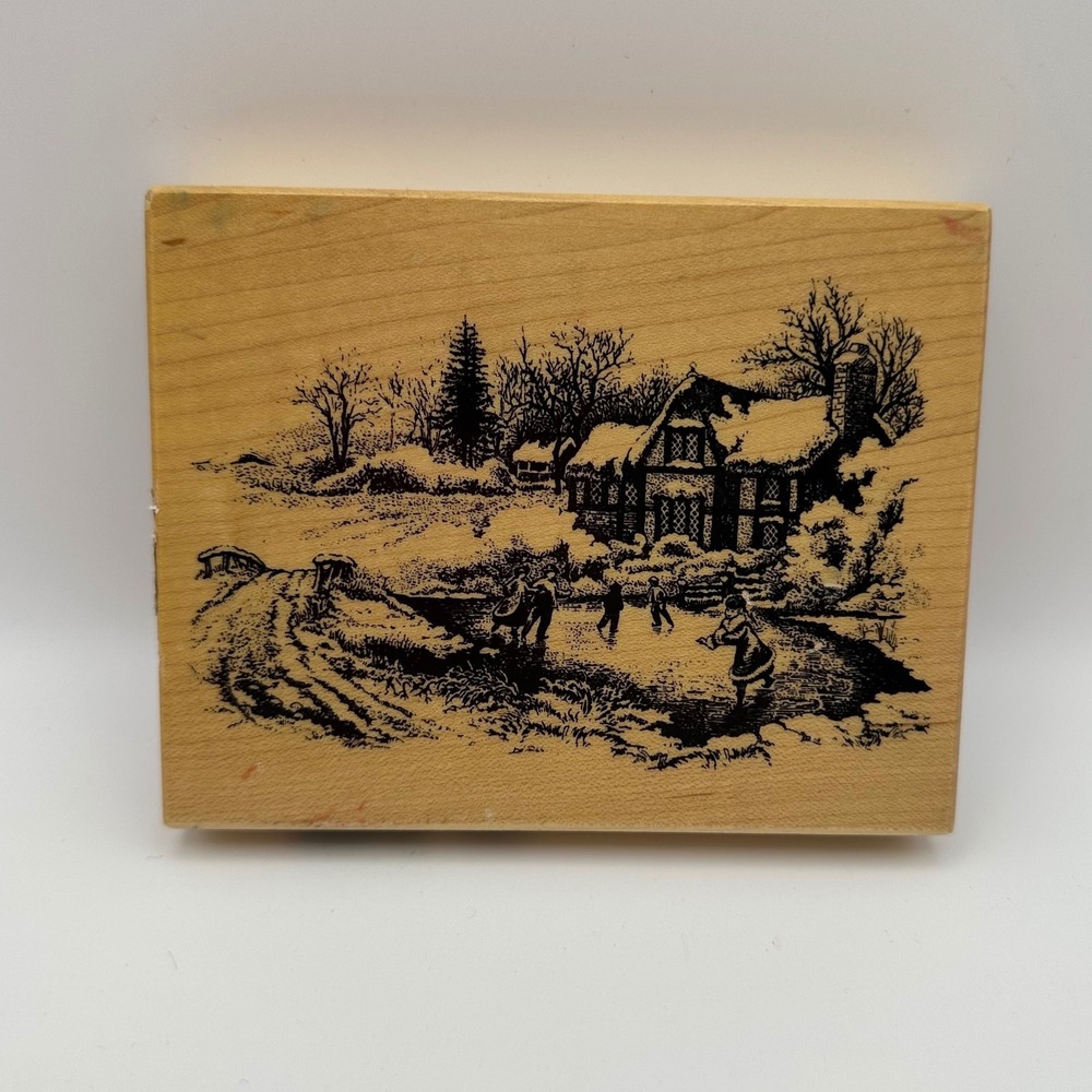 PSX Victorian Winter Ice Skating Cottage K-3533 Wood Mount Rubber Stamp Vintage